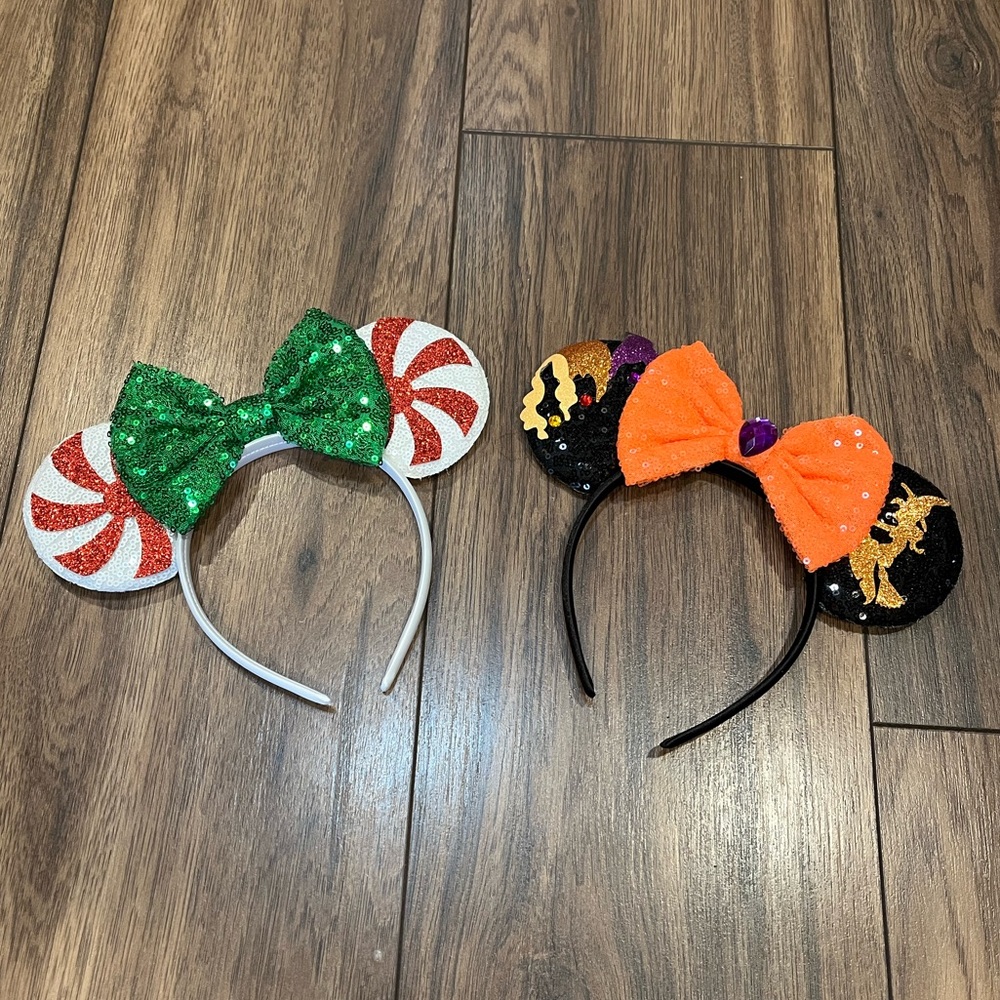 New Disney Two Sequin Christmas and Halloween Minnie Mouse Ears Bow Headband
